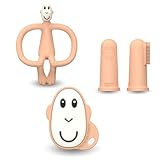 Matchstick Monkey Beißring Starter Set 3 teilig - Baby Zahnungshilfen - für wundes Zahnfleisch - Silikon - BPA-Frei - Tiermotiv, Gesicht, Fingerzahnbürsten (pfirsisch)