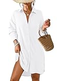 Tanmolo Damen Strandkleid Bikini Cover Up Sommer Strandbluse Strandhemd V-Ausschnitt Strandponcho Bademode Strand Vertuschen Shirt (Weiß,M)