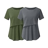 Lemoiitea 2-teiliges Umstands-Top für Schwangere, leger, einfarbig, Rundhalsausschnitt, kurzärmelig, Stillshirt, Sommer-Stillbluse für die Schwangerschaft, armee-grün, L