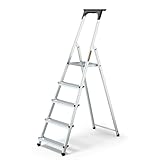 DRABEST Aluleiter mit Ablage, Stehleiter 5 Stufen, Trittleiter bis 125 kg, Haushaltleiter, Klapptrittleiter (5 Stufen), Silber