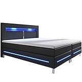 Juskys Boxspringbett Norfolk 180x200 cm - LED Beleuchtung, Bonell Matratze & Topper - 66 cm Komforthöhe - schwarz - Bett Doppelbett Polsterbett