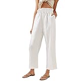 Sommerhose Damen Leicht Lang, Sporthose Damen Weites Bein, Jogginghose Weiß Große Größen Leinenhose High Waist Elastische Palazzo Hose Mit Taschen Stoffhose Einfarbig Relaxhose Bequeme Damenhose