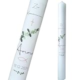 Taufkerze Kommunionkerze Eukalyptus Zweig - Anna - personalisiert mit Name und Datum | 40 cm x 4 cm | Kerze für Mädchen und Jungen | Kreuz, Fisch |Schlicht | Modern