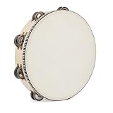 LIEKE Tamburin 10' Tambourine Ziegenfell Handtrommel mit 8 Paar Doppel Metall Schellen Jingles für Musik Klassenzimmer Tanzparty Kirche Spiel Requisiten