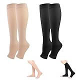2 Paar Kompressionsstrümpfe Damen,Stützstrümpfe Damen,Kompressionsstrümpfe Damen Medizinisch,Kompressionsstrümpfe Damen Sommer,Offene Spitze,Abgestufte Unterstützung (Schwarz + Hautfarben)