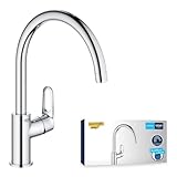 GROHE Start Flow, Küchenarmatur mit hohem Auslauf (Wasserhahn für die Küche, Spültischarmatur mit praktischem 360° Schwenkbereich, werkzeugfreie Spülbecken-Montage), chrom, 31555001
