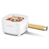 Audecook Hot Pot Elektrisch 2L, Elektrische Pfanne mit Antihaft-Keramikglasur, 20 cm, Tragbarer Multikocher für Steak, Ei, Ramen, Haferflocken, Suppe, 200W/1000W (Weiß, ohne Steamer)