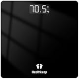 Healthkeep Personenwaage - Digital Körperwaage mit Hochpräzisions-Sensoren Tragkraft bis 180 kg, Digitalwaage mit Klare LED-Anzeige und Step-On, Waage Personen aus Sicherheitsglas-Schwarz 26 * 26cm