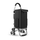 Leichter Treppensteiger-Einkaufstrolley aus Aluminiumlegierung, mit 6 Rädern, faltbares Design, großes Fassungsvermögen von 36 l, zusammenklappbar, Schwarz