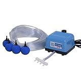 AquaForte Hi-Flow V-10 Luftpumpenset, Komplettset mit Luftverteilern, 25 m Schlauch 4 x 6 mm und 4 Luftsteine 5 cm, Kapazität bei 1,2 Meter 4 Liter pro Minute, Maximaler Teich 6 m3