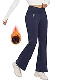 BALEAF Damen Fleece gefütterte Hose Wasserabweisend Crossover Flare Leggings Warm Bootcut Thermal Winter Yogahose High Waist mit Taschen Marineblau M