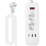 Steckdosenleiste mit USB 2 Fach Mehrfachsteckdose Wandmontage mit 2 USB C (5V 2.4A) und 2M Kabel, Überspannungsschutz (3680W 16A) Steckerleiste mit Schalter für Smartphones, Laptop, iPAD