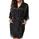 XFSRG Morgenmantel Damen Bath Robe Sommer Lang Kimono Bademantel Satin Hausmantel mit Spitze Bathrobe Schlafanzug Leicht Nachtwäsche mit Gürtel und Taschen (Schwarz,L)