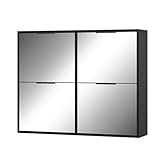 UEV Schuhschrank mit 4 Spiegeltür, Spiegelschuhschrank schmal Holz, Schuhkipper Schuhkommode mit Kippschutz, Schuhaufbewahrung, Schuhregal Flur Verstellbare Trennwände für Verschiedene Schuh Schwarz