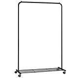 SONGMICS Kleiderständer, Kleiderstange auf Rollen, Garderobenständer Metall, Rollgarderobe 91 cm breit, mit Ablage, 2 Rollen mit Bremse, Stange bis 40 kg belastbar, schwarz HSR25BK