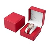 AfitLulu Uhrenbox Einzeln Uhren Aufbewahrungsbox mit Abnehmbaren Uhrenkissen für Damen und Herren, Uhrenkoffer PU-Leder Uhrenaufbewahrungsbox für Armbanduhren, Smartwatches, Armbänder (Rot)