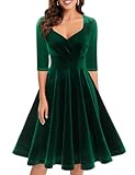 Bbonlinedress Abendkleid elegant für Hochzeit Weihnachtskleider Damen festlich 3/4 arm V-Ausschnitt Langarm samt Kleider Winter Freizeitkleider Dark Green M