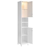 VASAGLE Badezimmerschrank mit Beleuchtung, hoch, schlanker Badschrank, Aufbewahrungsschrank mit verstellbaren Ablagen, offene Fächer, für kleine Räume, modern, wolkenweiß BBC566W03