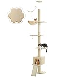 PAWZ Road Kratzbaum deckenhoch, Katzenbaum vom Boden bis zur Decke verstellbar, höhenverstellbar (216-273cm), Katzenturm mit Hängematte und Katzenhöhle, Anti-Sturzgurt Beige