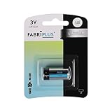 Blisterpackung mit 1 Batterie CR123A 3V von Fabriplus, Lithiumenergie, kompakt (11,5 x 8,5 x 1,8 cm), ideal für Kameras und elektronische Geräte, bietet zuverlässige Leistung.