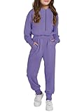 Haloumoning Lässiger Jumpsuit für Mädchen, langärmelig, mit Kapuze, Strampler, langer Einteiler mit Taschen, Größe 4–14, Violett, 5-6 Jahre