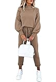Sovoyontee Damen Langarm Trainingsanzug Pyjamas Hoher Hals Pullover Sweatshirt Lounge 2-Teiliges Outfits Set Kaffee XL
