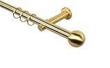 Gardinenstange in Messing Optik 16 mm mit Endstück Kugel, Vorhangstange aus Metall mit Gardinenringen, Set zur Wandmontage mit 1 Schraube pro Wandhalter, 160 cm