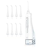 Munddusche , 300ML Munddusche Kabellos , Elektrische Water Flosser 3 Modi und 8 Düsen , IPX7 Wasserdicht , Zahndusche Zuhause and Reise , 30 Tage Nutzung bei Einer 4-Stunden-Ladung , Weiß