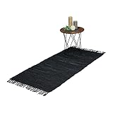 Relaxdays Flickenteppich, 70x140 cm, Baumwolle & Leder, Teppichläufer mit Fransen, rutschfest, Fleckerlteppich, schwarz, 10039894_699