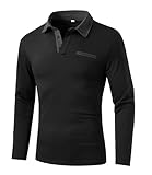 GLESTORE Poloshirt Herren Langarm Golf Poloshirt Hemd Herren Button-up T Shirt Farbblockierung Schwarz XL