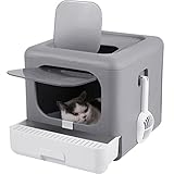 BingoPaw Katzenklo mit Deckel XXL Katzentoilette Faltbare Haustiertoilette inklusive Fronttür, Bodenschale und Streuschaufel, geruchsfrei 43x40.5x37.5cm (Grau)