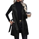 FUPODD Leder Weste Damen Lang Lederjacke Damen Ärmellos Kunstlederweste Revers Ledermantel Motorradweste Mit Gürtel Übergangsjacke Mantel Winter Herbstjacke Frauen Damen-Westen Casual Trenchcoat