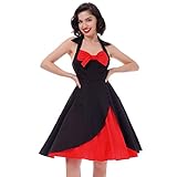 1950er Jahre Kleider für Damen, Vintage, Neckholder, gepunktet, Blumendruck, Swing, A-Linie, Midi-Kleid, Cocktailkleid, Party, Abschlussball, schwarz/rot, Klein