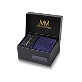 Massi Morino Krawatte Dunkelblau Quadrat mit Einstecktuch Set Herren inkl. Manschettenknöpfe, Krawattennadel und Geschenkbox | Männer Krawattenset zur Hochzeit
