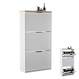 Planetmöbel Schuhschrank schmal mit 3 Klappen platzsparender Schuhregal mit 6 Ablagen, Schuhkommode für Diele, Flur, Garderobe 60 x 23 x 118 cm, weiß grau