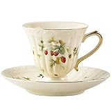 FülleMore Kaffeetasse Set Porzellan Espressotasse mit Untertasse 150ml Mokkatassen Cappuccino Tasse Nachmittagstasse mit Goldrand für Restaurant Familie (Erdbeere-Muster)