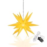 OVILUM Leuchtstern 3D mit LED Beleuchtung | gelb | |Ø 57 cm| 3D Stern mit 18 Spitzen | wetterfest | Garten Deko, Wohnzimmer, Weihnachtsdeko | Weihnachtsstern | mit Timer | 7,5m Zuleitung
