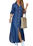 OMZIN Frauen Revers Ausschnitt Aufgerollte Ärmel Futterkleid Seitenschlitz Hemd Maxikleider Cowboy M