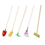 Rekord Kinder Gartengeräte Set 5-teilig (Schaufel (Gelb), Spitzspaten (Rot), Rechen (Grün), Besen (Grün), Laubbesen (Lila)- Metall - Holz-Stiel (76cm) Gartenspielzeug, Gartenset, Kinder-Gartenwerkzeug