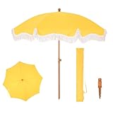 PHI VILLA Sonnenschirm Balkon Sonnenschutz 200 cm Knickbar Rund mit Fransen, Boho Strandschirm Garten Windbeständig Sonnenschirme Balkonschirm mit Erdspieß für Terrasse, UPF 50+, Gold