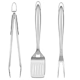 Homikit Grill Zubehör, 3-TLG Edelstahl Grillbesteck Grillwerkzeug Set, Grillzubehör mit Grillzange Pfannenwender Fleischgabel für Männer Geschenk, Grillset für Gasgrill BBQ Camping, Extra-Langen Griff