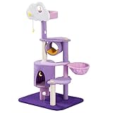 Mehrstöckiger Katzenbaum mit Bequemer Ruheplattform aus Plüsch, Lila-Rosa Katzenkratzbaum mit Kratzbaum und Pomponball-Spielzeug