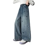 Jeans Kinder Gerade Denim Hose Baggy Weites Bein Jeanshosen Mädchen Locker High Waist Cargojeans Strech Hosen Mit Mehreren Tasche Teen Gummibund Lässig Pants Vintage Cargo (2-Blue, 5-6 Years)