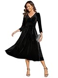 Ever-Pretty Abendkleid Damen Elegantes Samt Midi Zeremonie V-Ausschnitt Cocktailkleid Hochzeitsgäste Kleid Schwarz 36