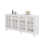 Pangshiyuan Weiß verspiegelte Anrichte mit kühlen Kristallgriffen, Vier Türen, mit beweglichem Laminat.für Wohn- und Esszimmer, 160 x 40 x 85cm,p