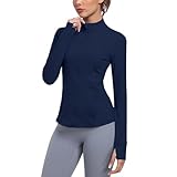 Zyrulix Sportliche Damen-Workout-Jacke mit durchgehendem Reißverschluss, leicht, mit Taschen, Laufen, Yoga, Sportbekleidung mit Daumenlöchern, Marineblau, XL