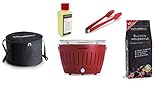LotusGrill Starter-Set Classic 1x Grill Feuerrot mit USB-Anschluß, 1x Buchenholzkohle 1kg, 1x Brennpaste 200ml, 1x Würstchenzange (Farbe nach Vorrat), 1x Transport-Tragetasche - der raucharme Holzkohlegrill