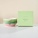 YlobdolY Matcha-Schüssel aus Keramik mit Ausgießer, handgefertigt, Aquarell, glasiertes Porzellan, traditionell, japanische Matcha-Tee-Rührschüssel mit Geschenkbox zum Schlagen von Matcha, Rosa/Grün