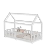 ecomi® Kinderbett Hausbett mit Rausfallschutz und Lattenrost, Hausbett - Kinderbett 90x200 / 80x160 für Kinder - Kinderbett Hausbett 90x200 / 80x160 Weiß (80x160)