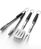 SHINESTAR 3-teilig Grillbesteck Set, Grillzubehör aus Edelstahl mit Silikongriffe, Grillzange Pfannenwender Grillgabel Grill Zubehör Grillwerkzeuge für Weber Gasgrill Barbecue, Geschenke für Männer